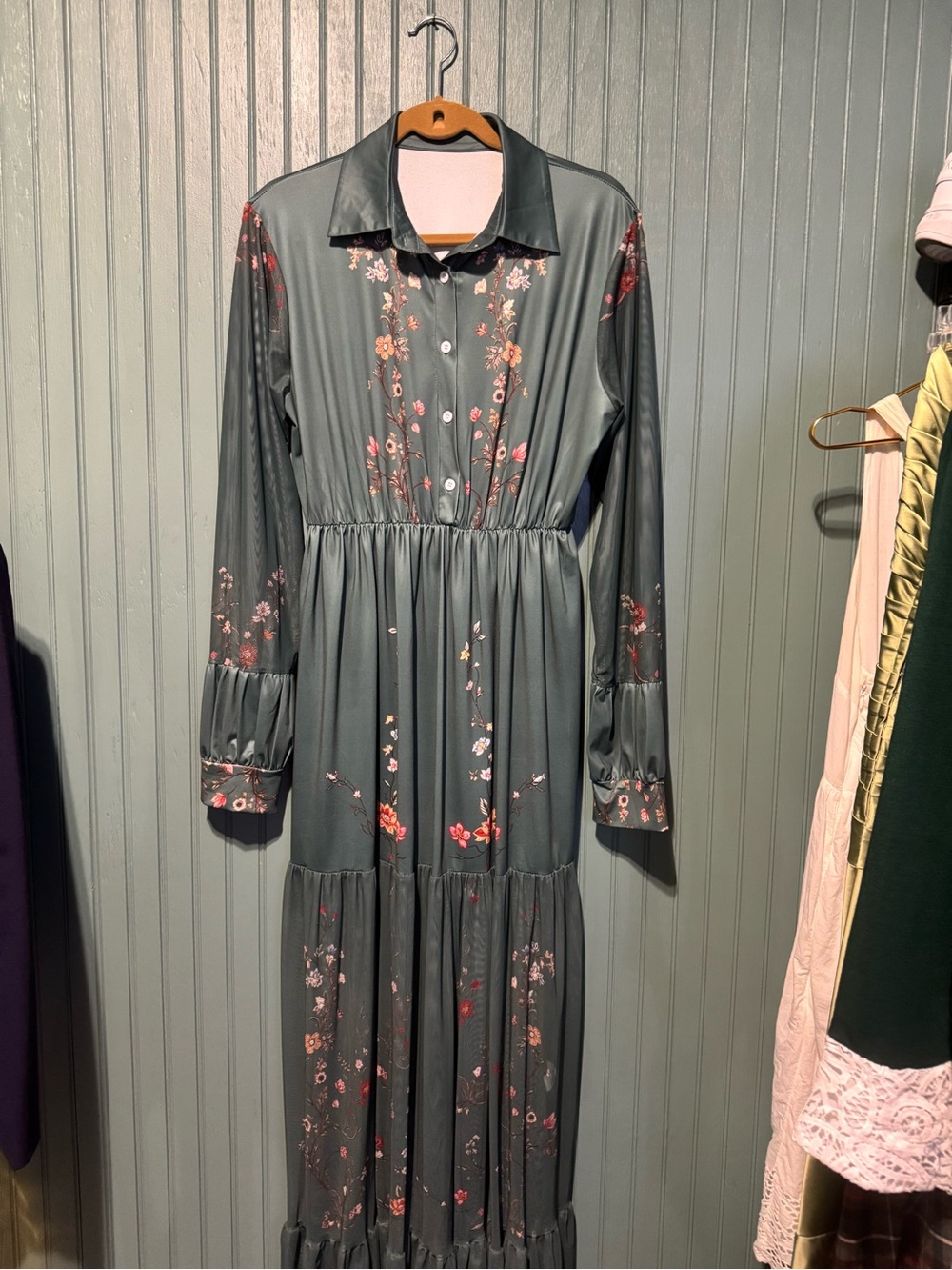 Source Unknown gray green Maxi Dress with Pink & Orange Floral Embroidery - Picture 4 of 5